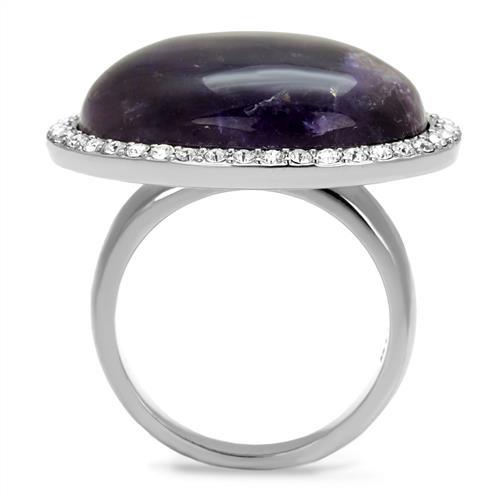 MATK3083 - High polished (no plating) Stainless Steel Ring with Semi-Precious Amethyst Crystal in Amethyst