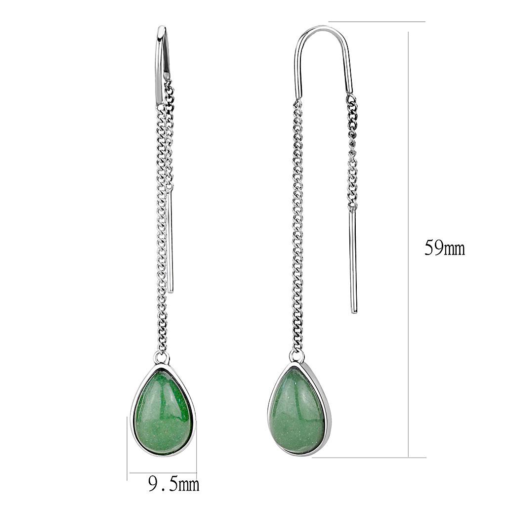 MATK3099 - High polished (no plating) Stainless Steel Earrings with Semi-Precious Jade in Emerald