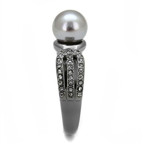 MATK3170 - IP Light Black (IP Gun) Stainless Steel Ring with Synthetic Pearl in Gray