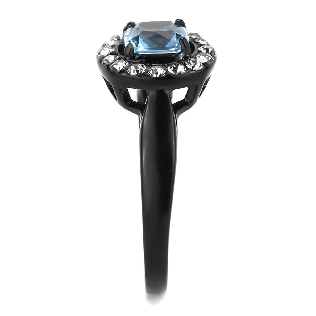 MATK3443 - IP Black(Ion Plating) Stainless Steel Ring with Synthetic Synthetic Glass in Sea Blue