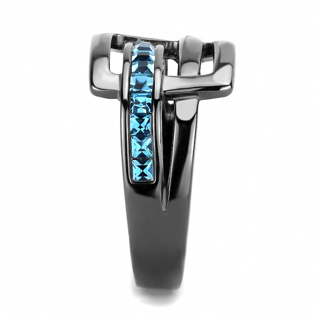 MATK3451 - IP Light Black (IP Gun) Stainless Steel Ring with Top Grade Crystal in Sea Blue
