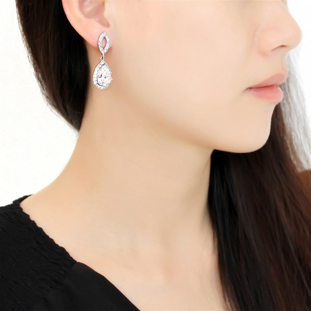 MATK3474 - High polished (no plating) Stainless Steel Earrings with AAA Grade CZ in Clear