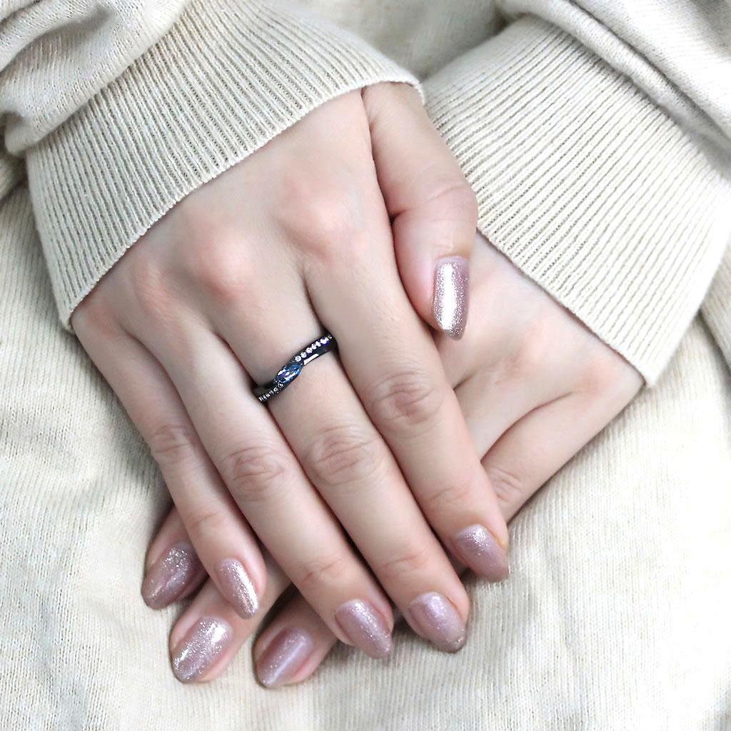 MATK3511 - IP Light Black (IP Gun) Stainless Steel Ring with AAA Grade CZ in Sea Blue