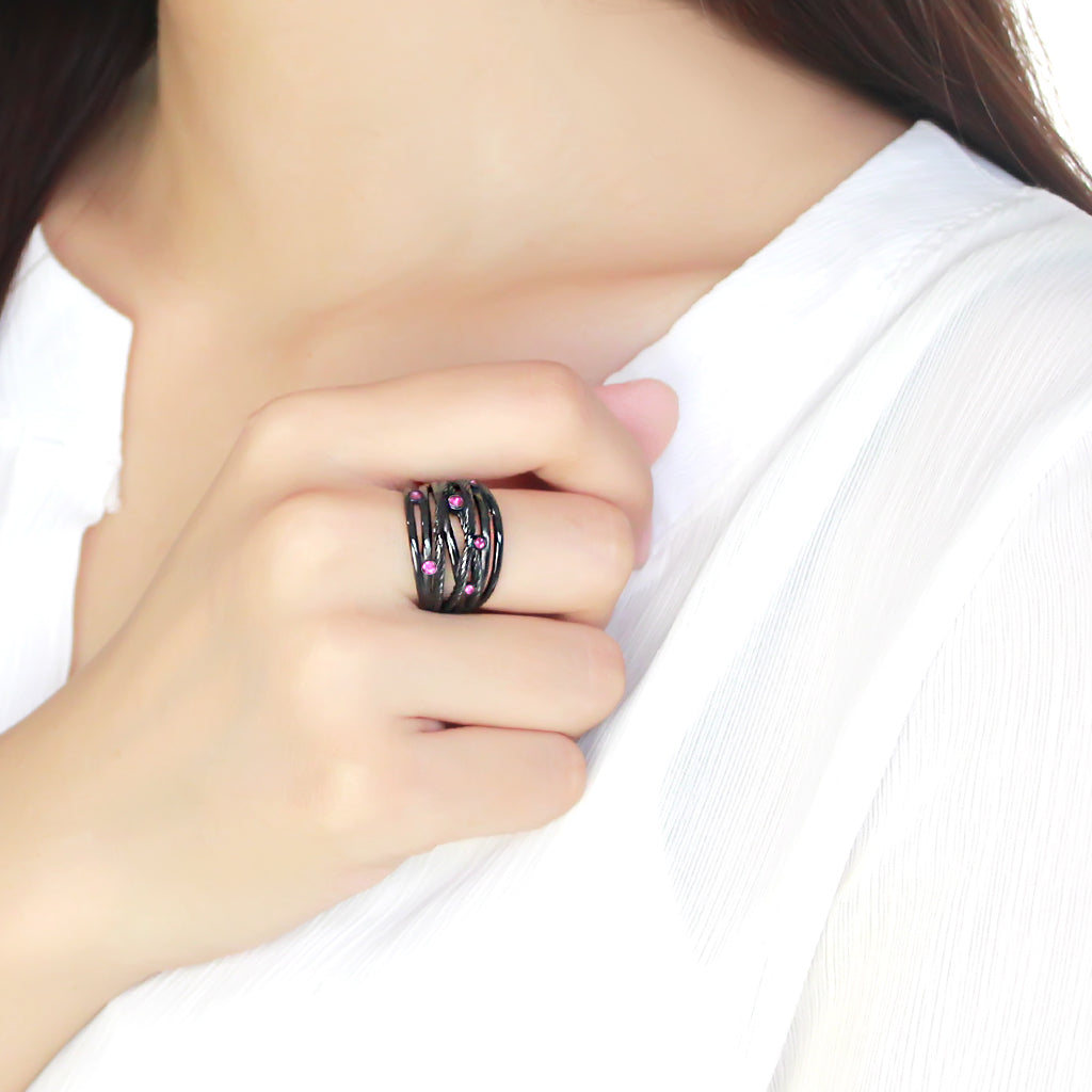 TK3565 - IP Black(Ion Plating) Stainless Steel Ring with Top Grade Crystal in Fuchsia