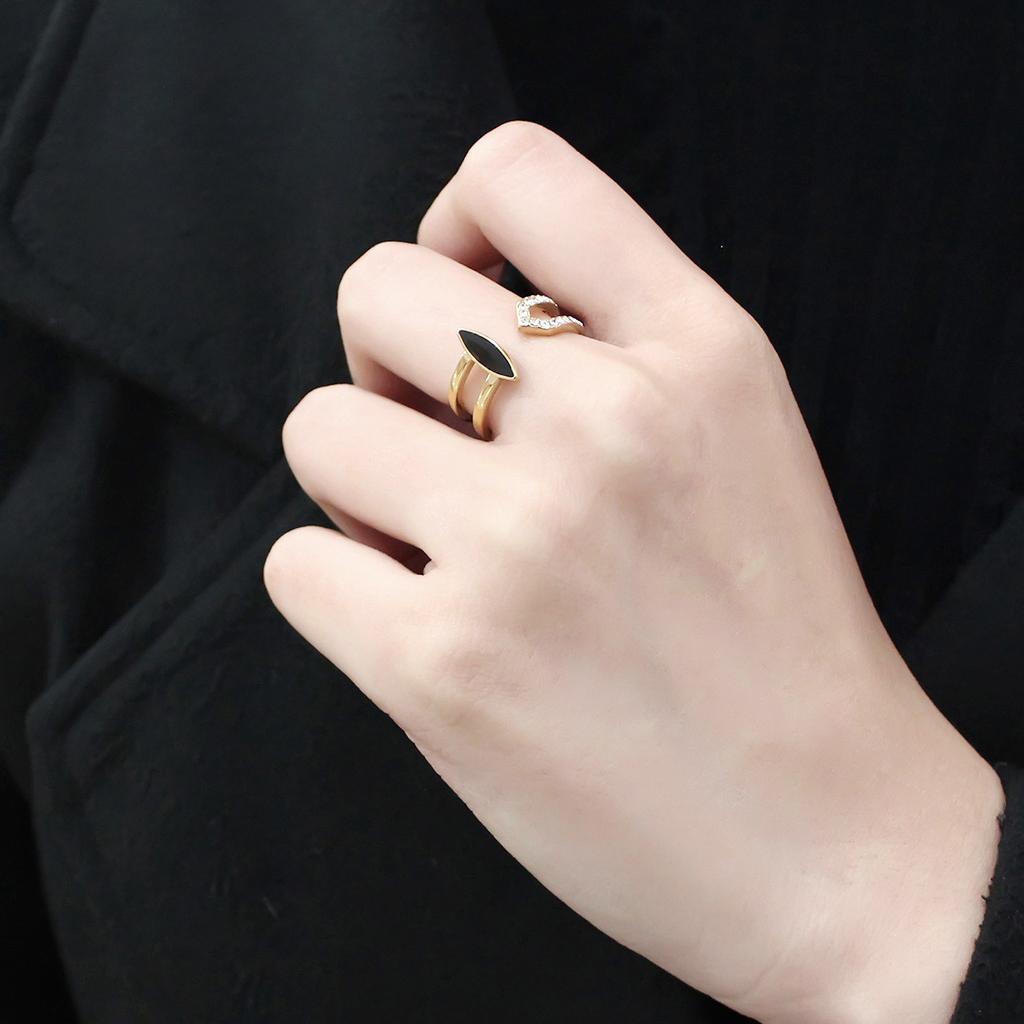 MATK3591 - IP Gold(Ion Plating) Stainless Steel Ring with Top Grade Crystal in Jet