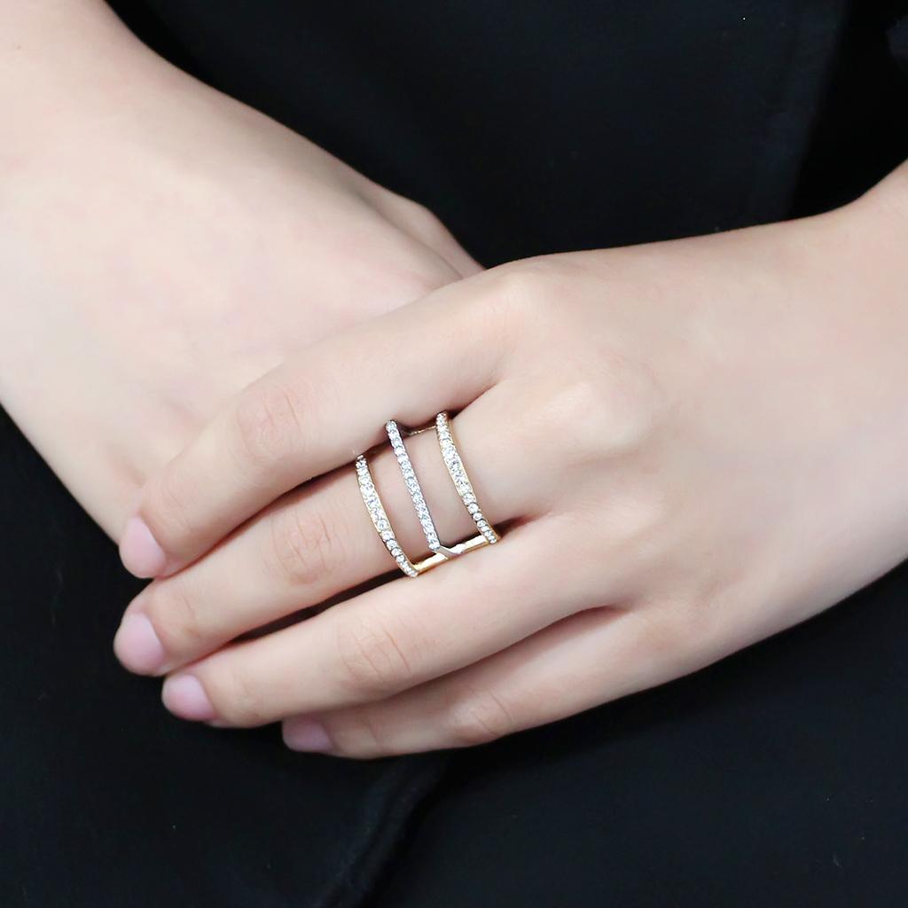 MATK3593 - Two-Tone IP Gold (Ion Plating) Stainless Steel Ring with Top Grade Crystal in Clear
