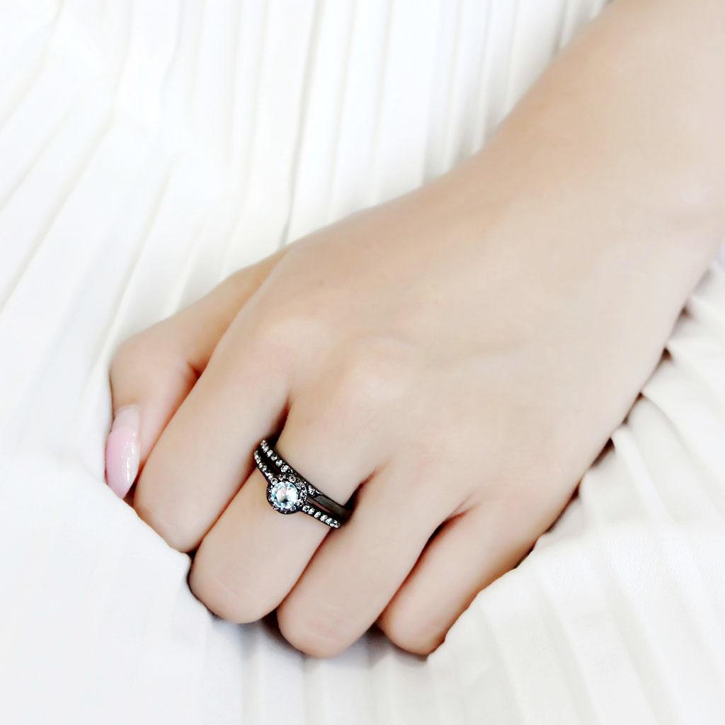 MATK3634 - IP Black(Ion Plating) Stainless Steel Ring with Synthetic Synthetic Glass in Sea Blue