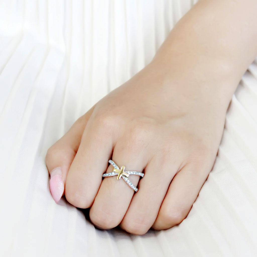 MATK3636 - Two-Tone IP Gold (Ion Plating) Stainless Steel Ring with Top Grade Crystal in Sea Blue