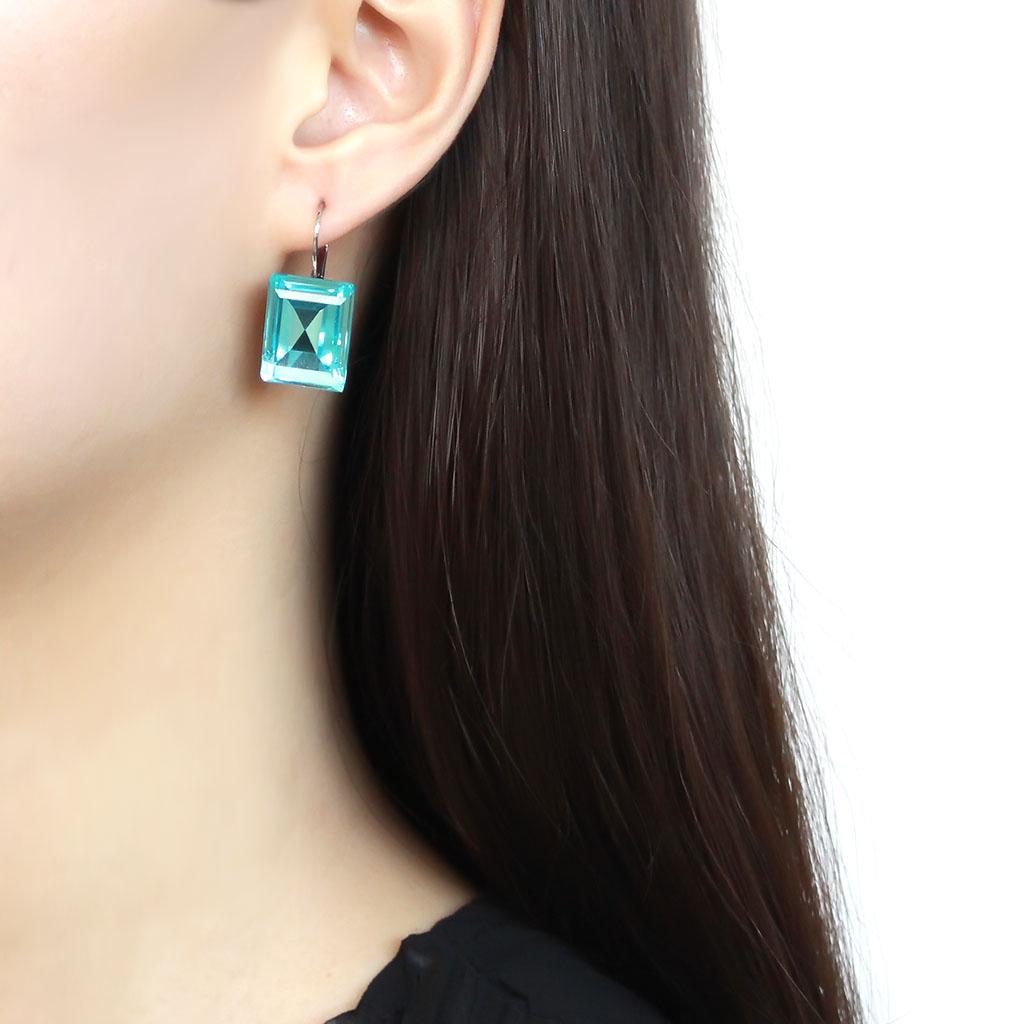 MATK3649 - High polished (no plating) Stainless Steel Earrings with Top Grade Crystal in Sea Blue