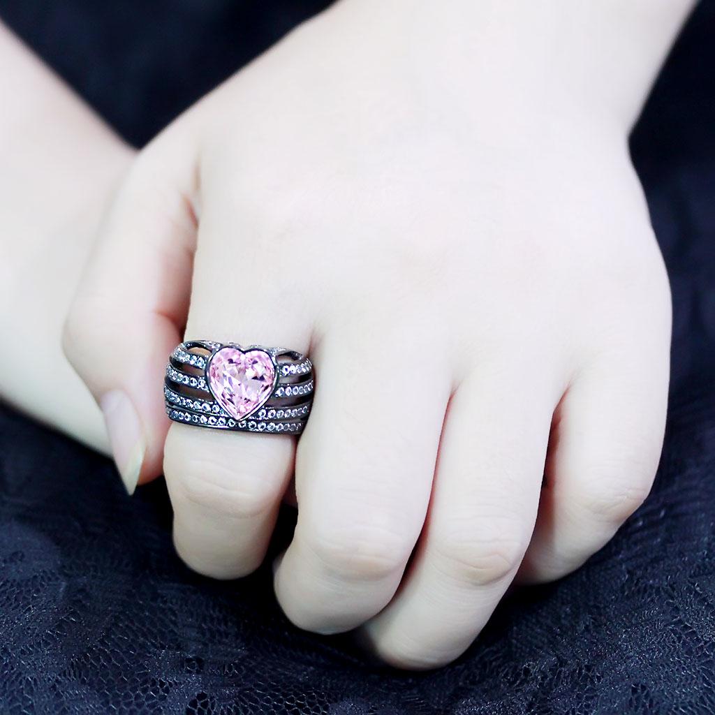MATK3686 - IP Black(Ion Plating) Stainless Steel Ring with Top Grade Crystal in Light Rose