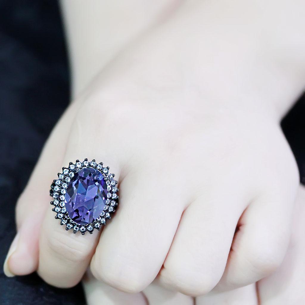 MATK3687 - IP Black(Ion Plating) Stainless Steel Ring with Top Grade Crystal in Tanzanite