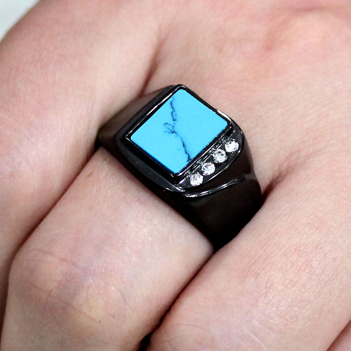 MATK3755 IP Black Stainless Steel Ring with Synthetic in Sea Blue