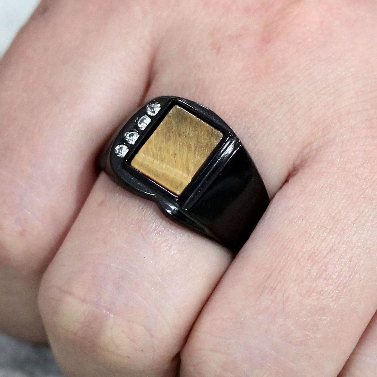 MATK3756 IP Black Stainless Steel Ring with Synthetic in Topaz