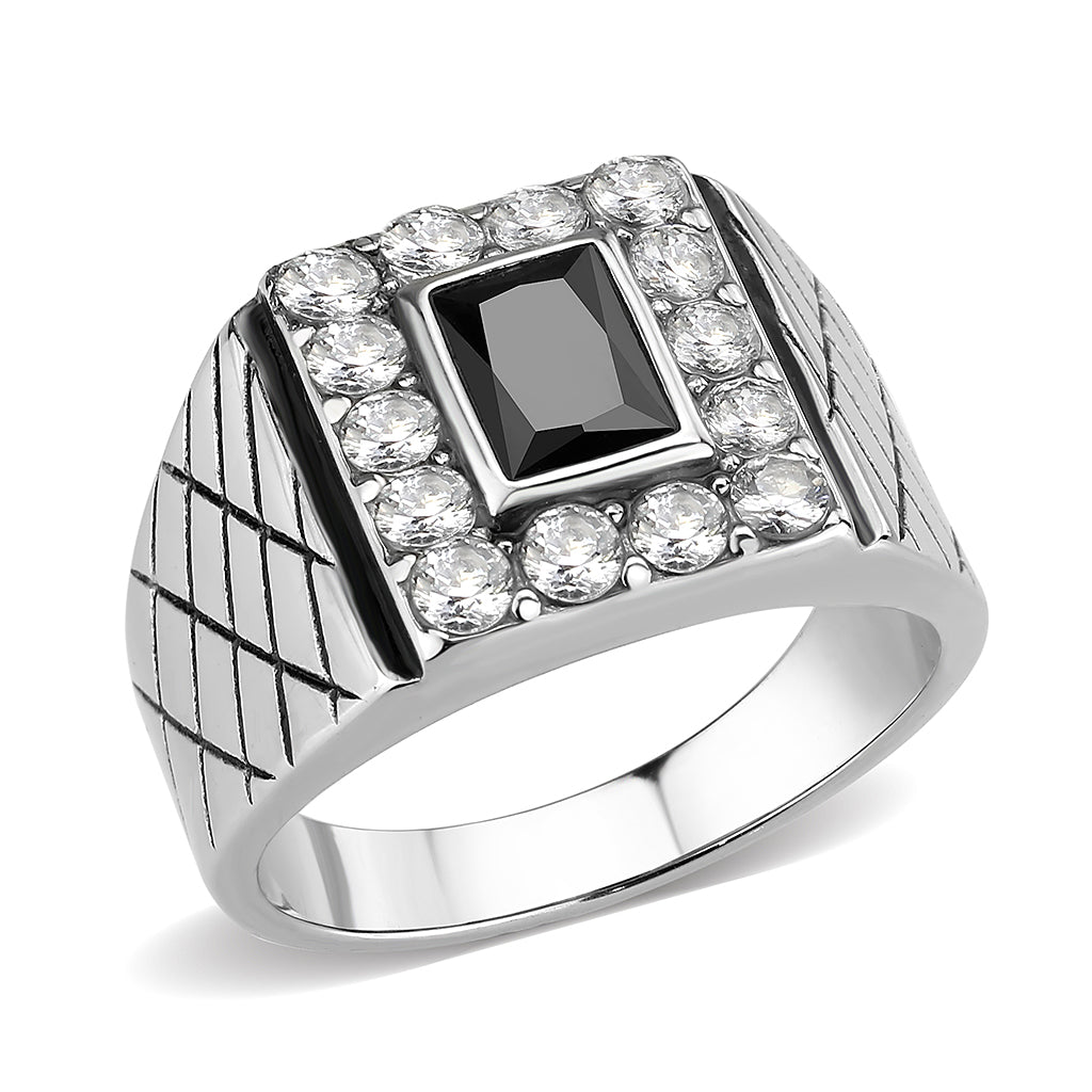 MATK3761 - High polished (no plating) Stainless Steel Ring with AAA Grade CZ in Jet