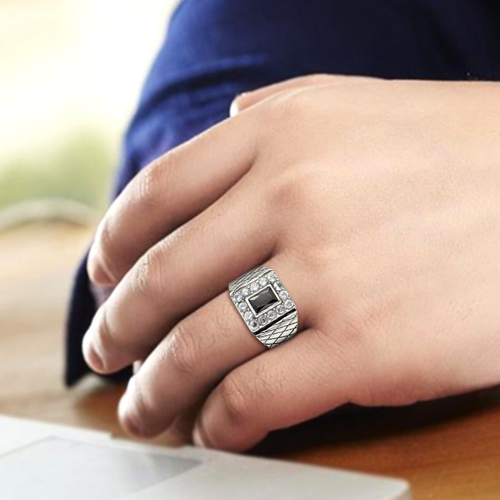 MATK3761 - High polished (no plating) Stainless Steel Ring with AAA Grade CZ in Jet