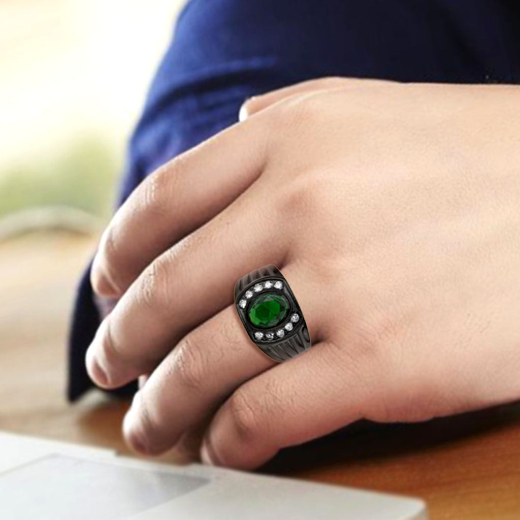MATK3764 - IP Black (Ion Plating) Stainless Steel Ring with Synthetic in Emerald