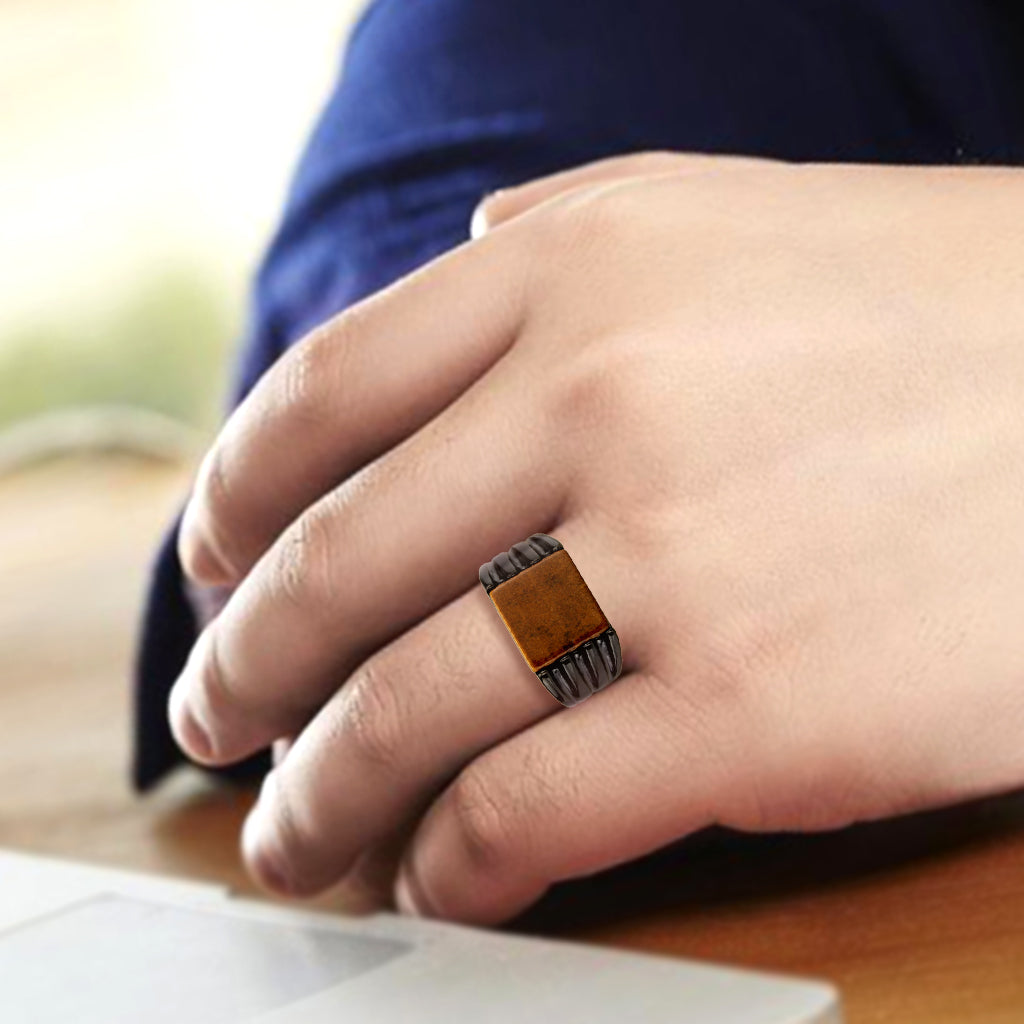 MATK3766 - IP Black (Ion Plating) Stainless Steel Ring with Semi-Precious in Topaz