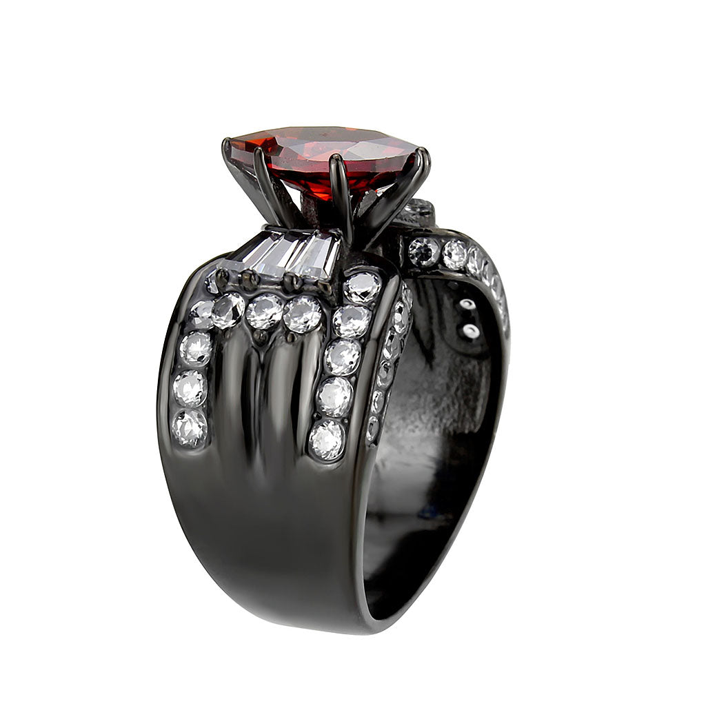 MATK3776 - IP Black (Ion Plating) Stainless Steel Ring with AAA Grade CZ in Garnet