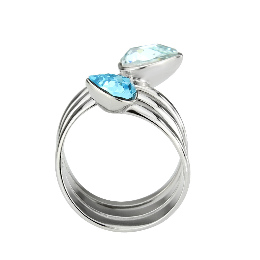 MATK3806 - High polished (no plating) Stainless Steel Ring with Top Grade Crystal in SeaBlue