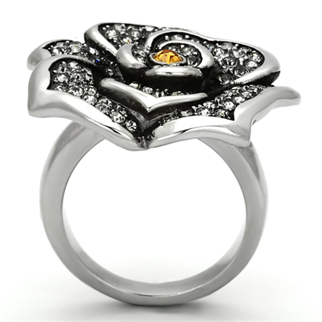 MATK924 - High polished (no plating) Stainless Steel Ring with Top Grade Crystal in Topaz