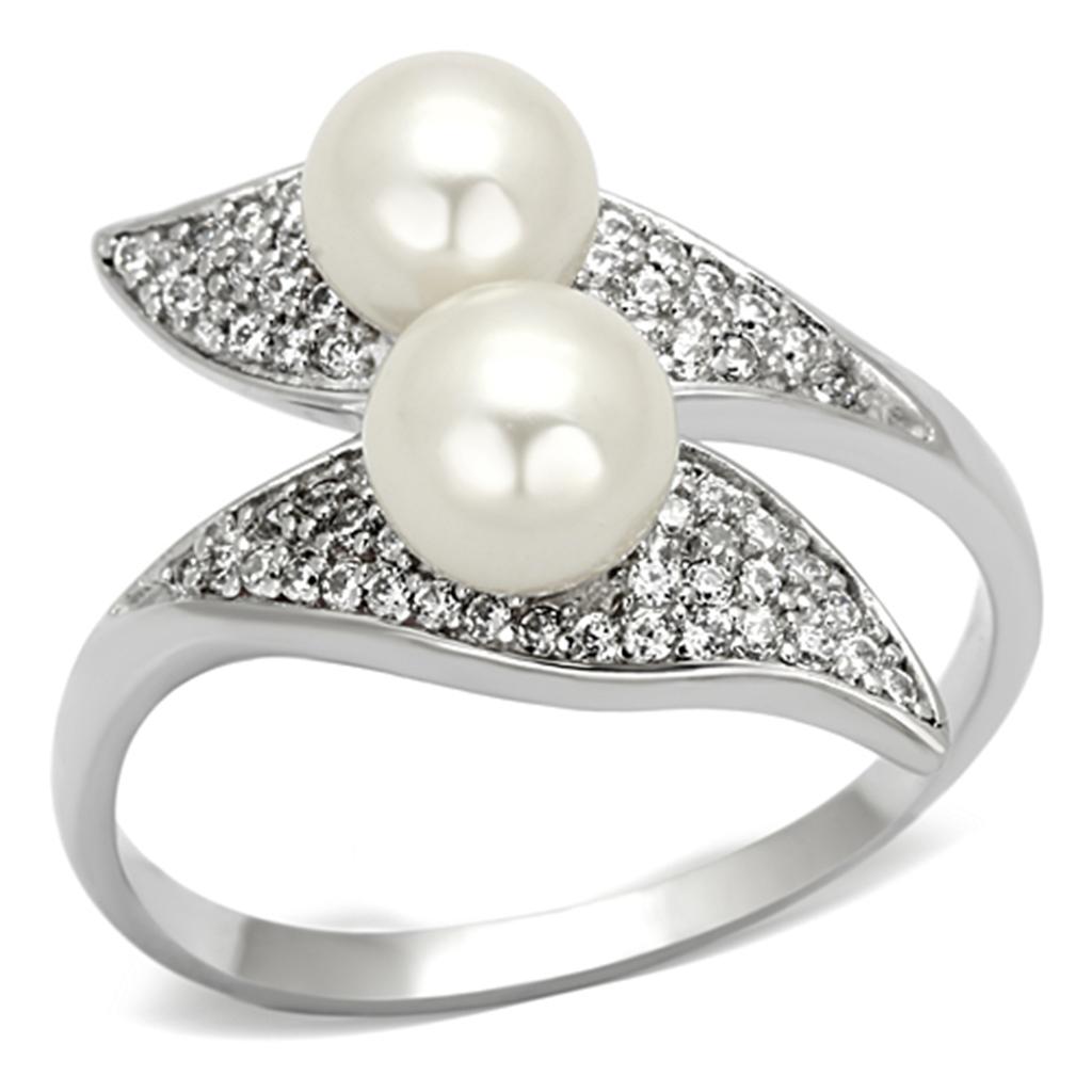 MATS124 - Rhodium 925 Sterling Silver Ring with Synthetic Pearl in Citrine Yellow