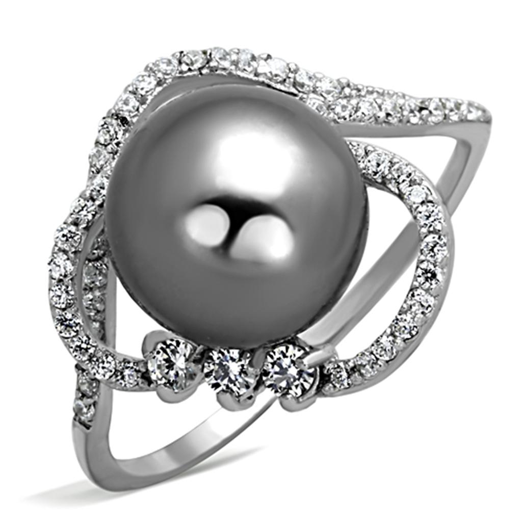 MATS153 - Rhodium 925 Sterling Silver Ring with Synthetic Pearl in Gray