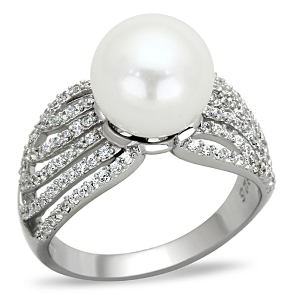 MATS169 - Rhodium 925 Sterling Silver Ring with Synthetic Pearl in White