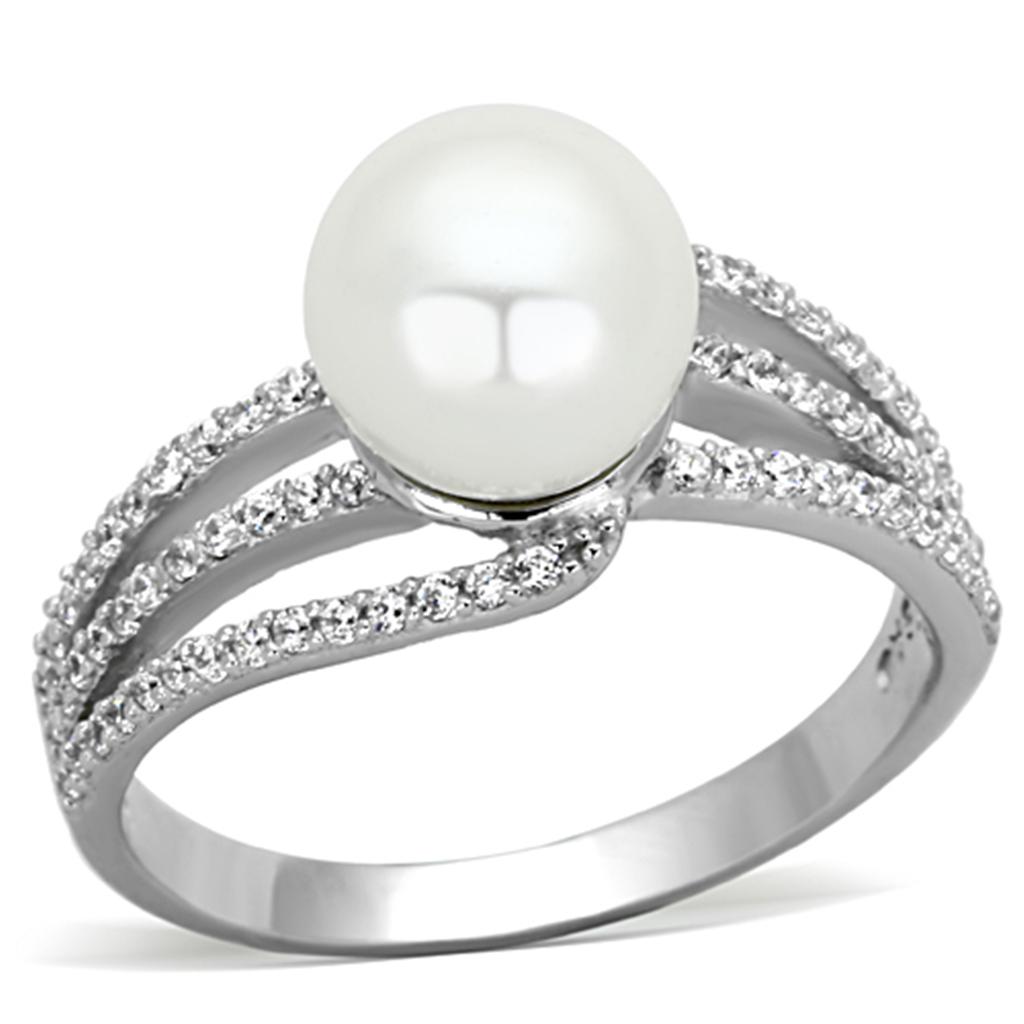 MATS170 - Rhodium 925 Sterling Silver Ring with Synthetic Pearl in White