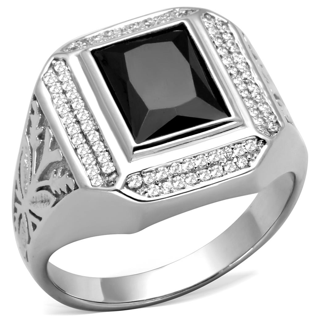 MATS224 - Rhodium 925 Sterling Silver Ring with AAA Grade CZ in Black Diamond