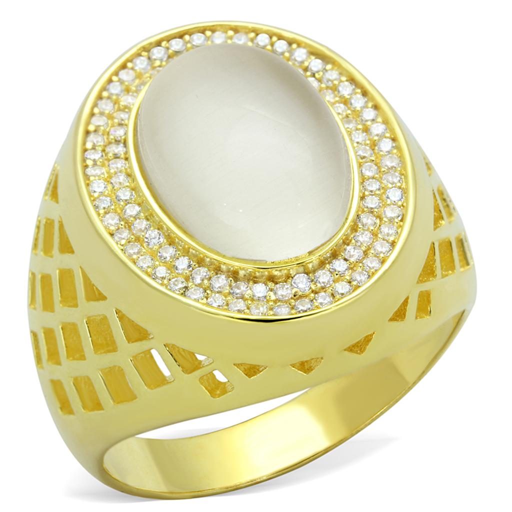 MATS244 - Gold 925 Sterling Silver Ring with Synthetic Cat Eye in White