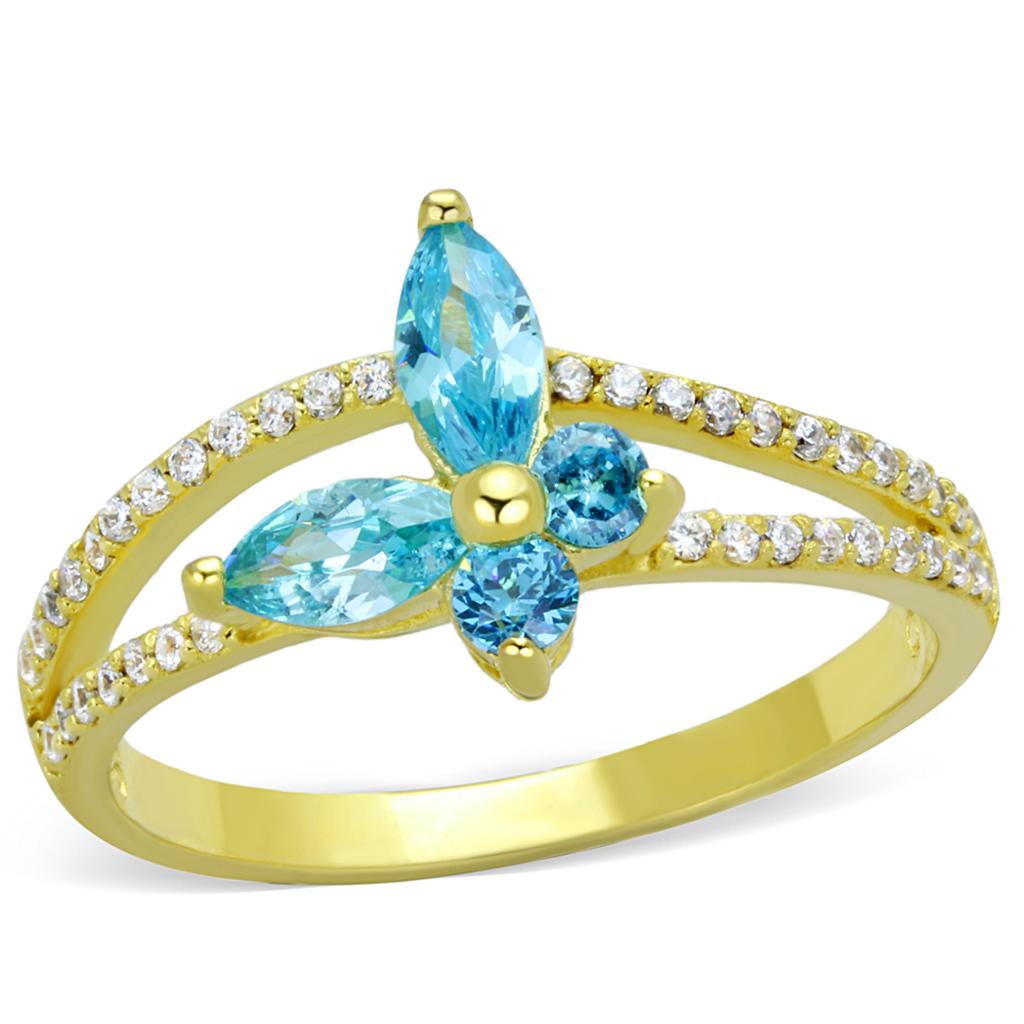 MATS249 - Gold 925 Sterling Silver Ring with AAA Grade CZ in Sea Blue