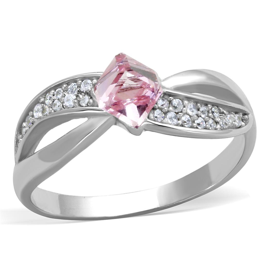 MATS313 - Rhodium 925 Sterling Silver Ring with Top Grade Crystal in Light Rose