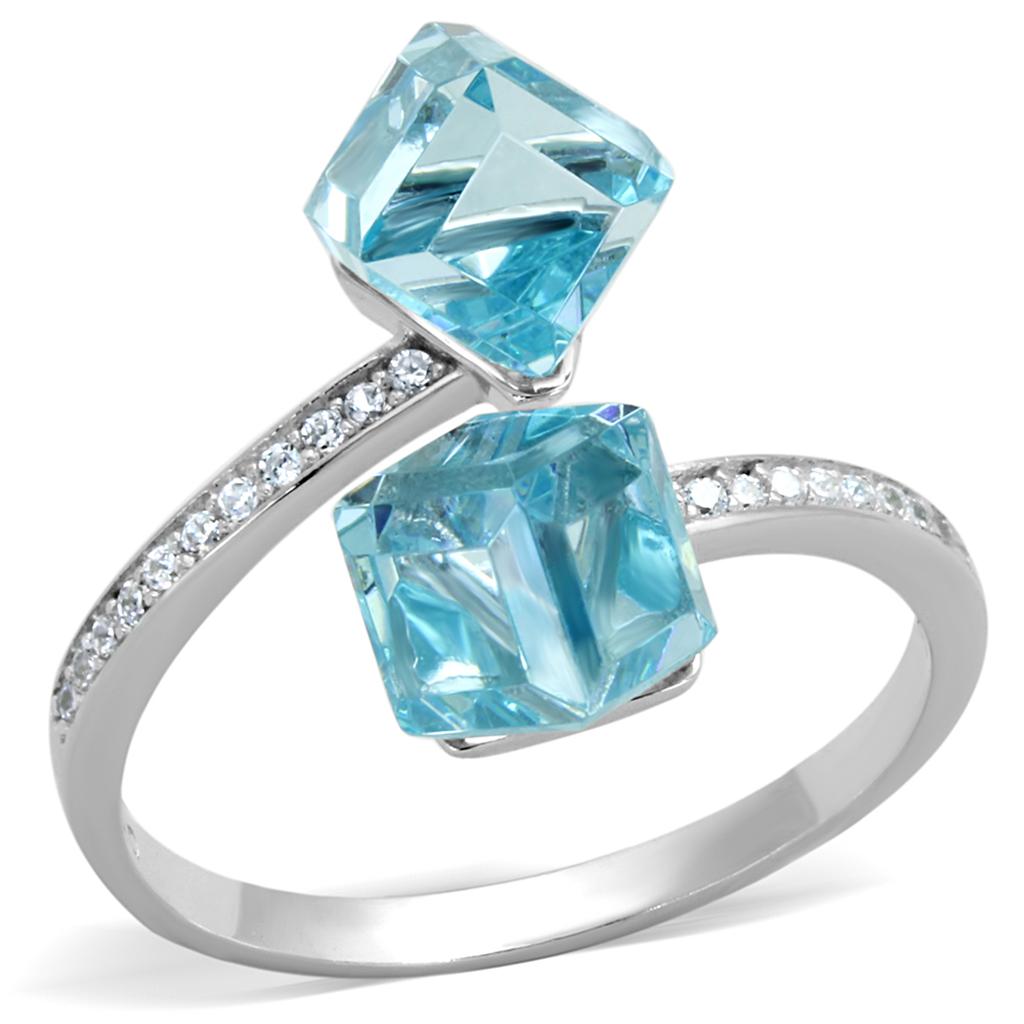 MATS317 - Rhodium 925 Sterling Silver Ring with AAA Grade CZ in Sea Blue