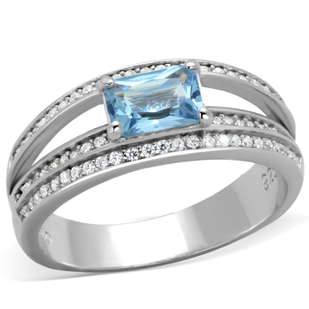 MATS344 - Rhodium 925 Sterling Silver Ring with Synthetic Synthetic Glass in Sea Blue