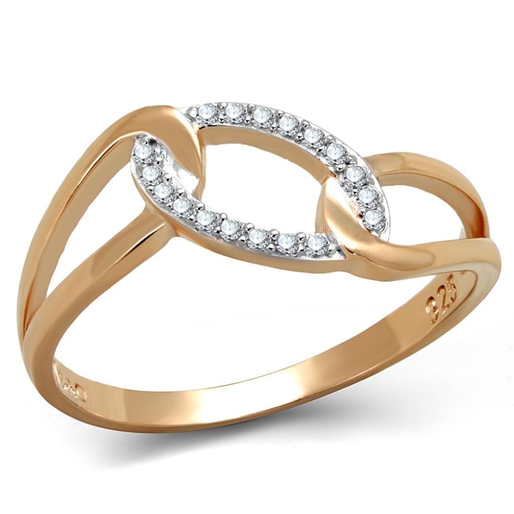 MATS362 - Rose Gold + Rhodium 925 Sterling Silver Ring with AAA Grade CZ in Clear