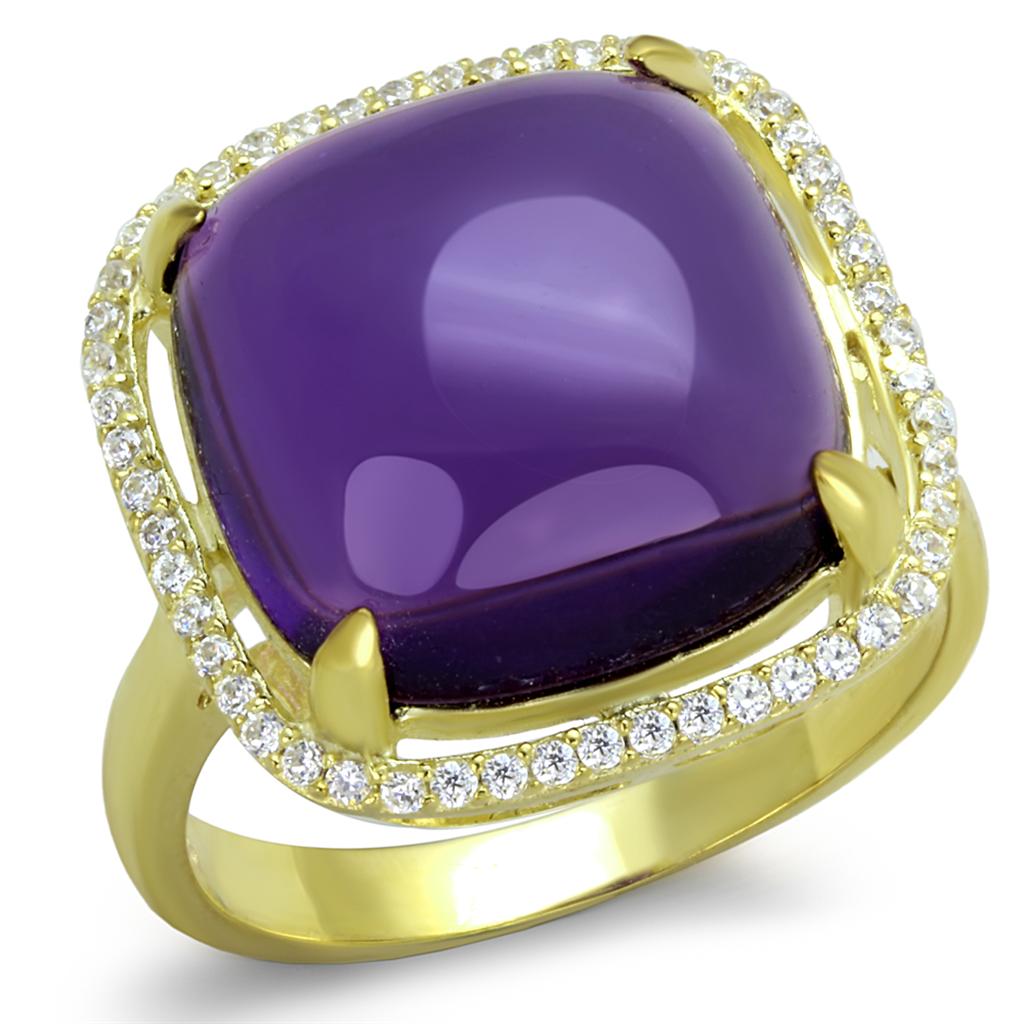 MATS392 - Gold 925 Sterling Silver Ring with Synthetic Synthetic Glass in Amethyst
