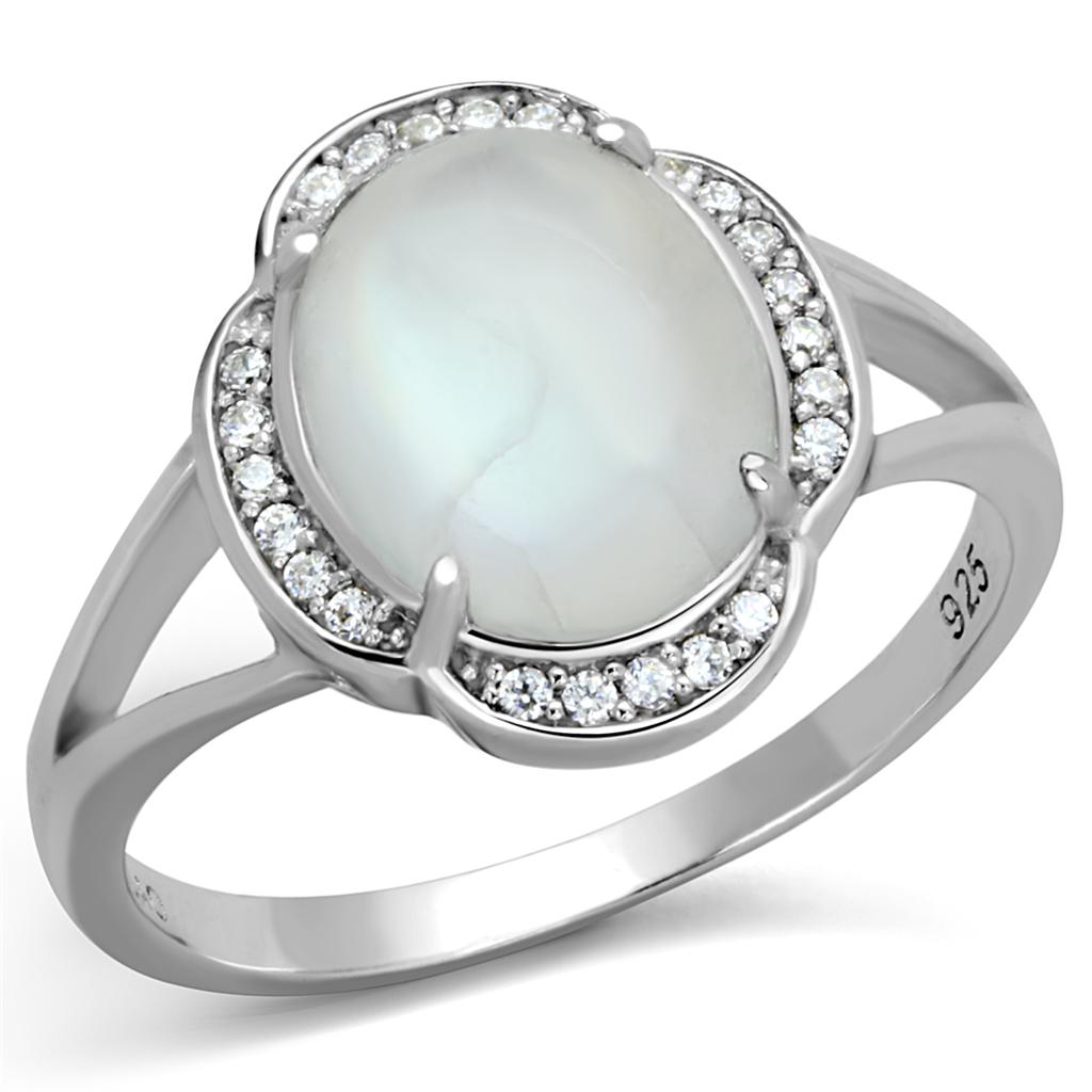MATS393 - Rhodium 925 Sterling Silver Ring with Semi-Precious Moon Stone in Clear