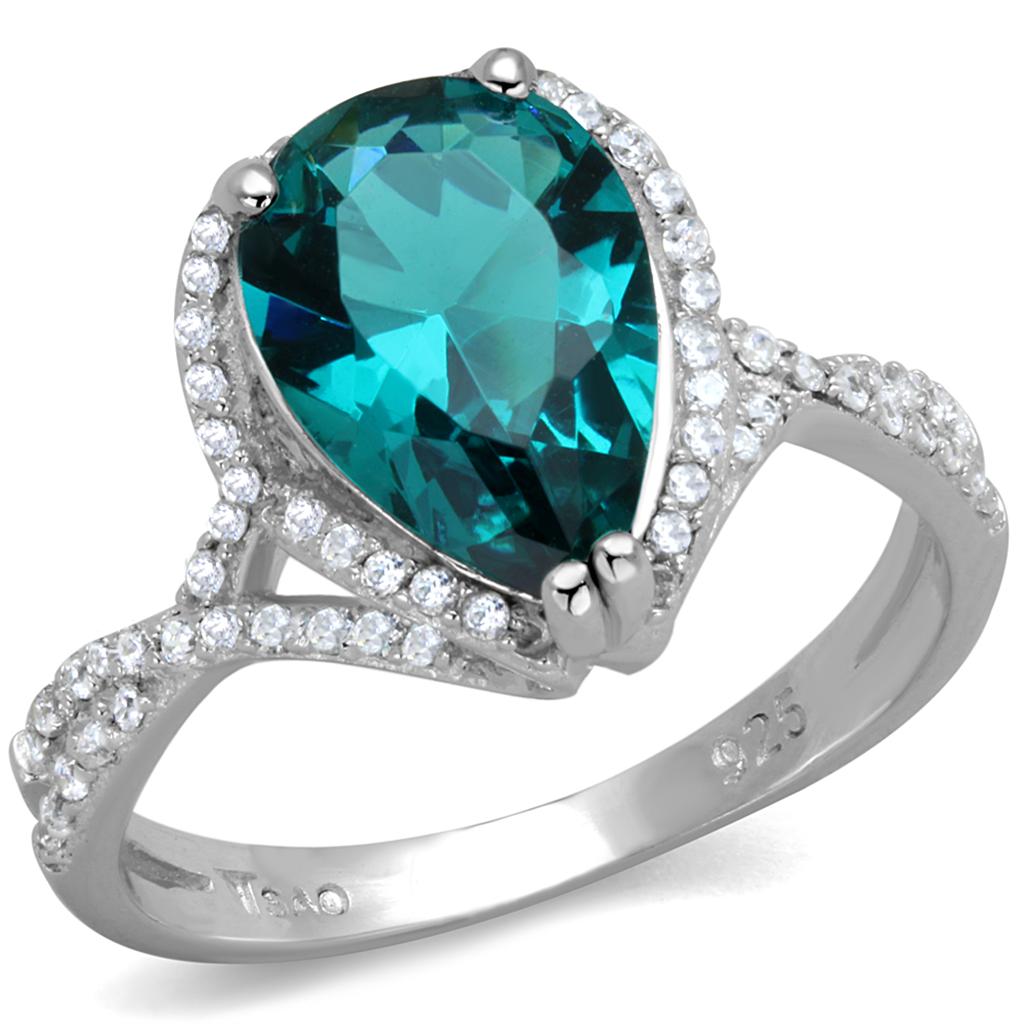 MATS394 - Rhodium 925 Sterling Silver Ring with Synthetic Synthetic Glass in Blue Zircon