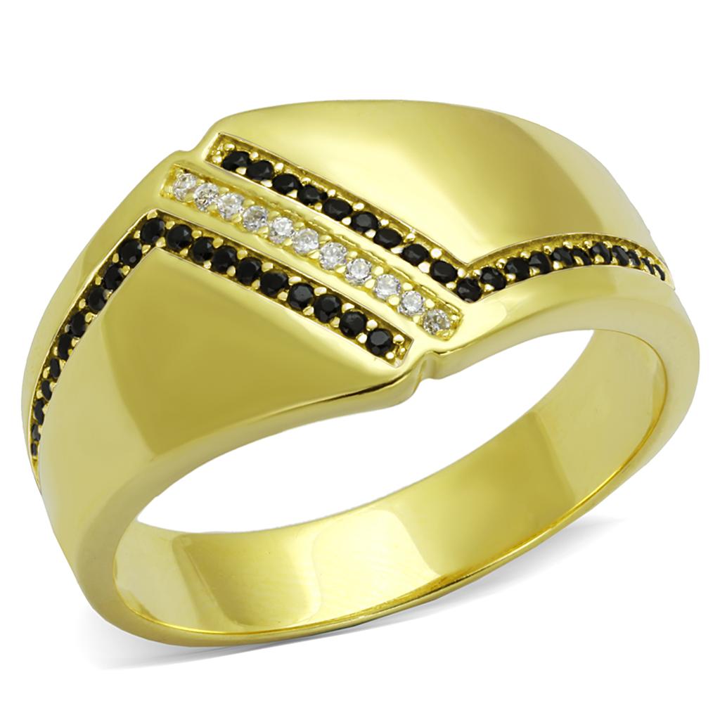 MATS413 - Gold 925 Sterling Silver Ring with AAA Grade CZ in Black Diamond