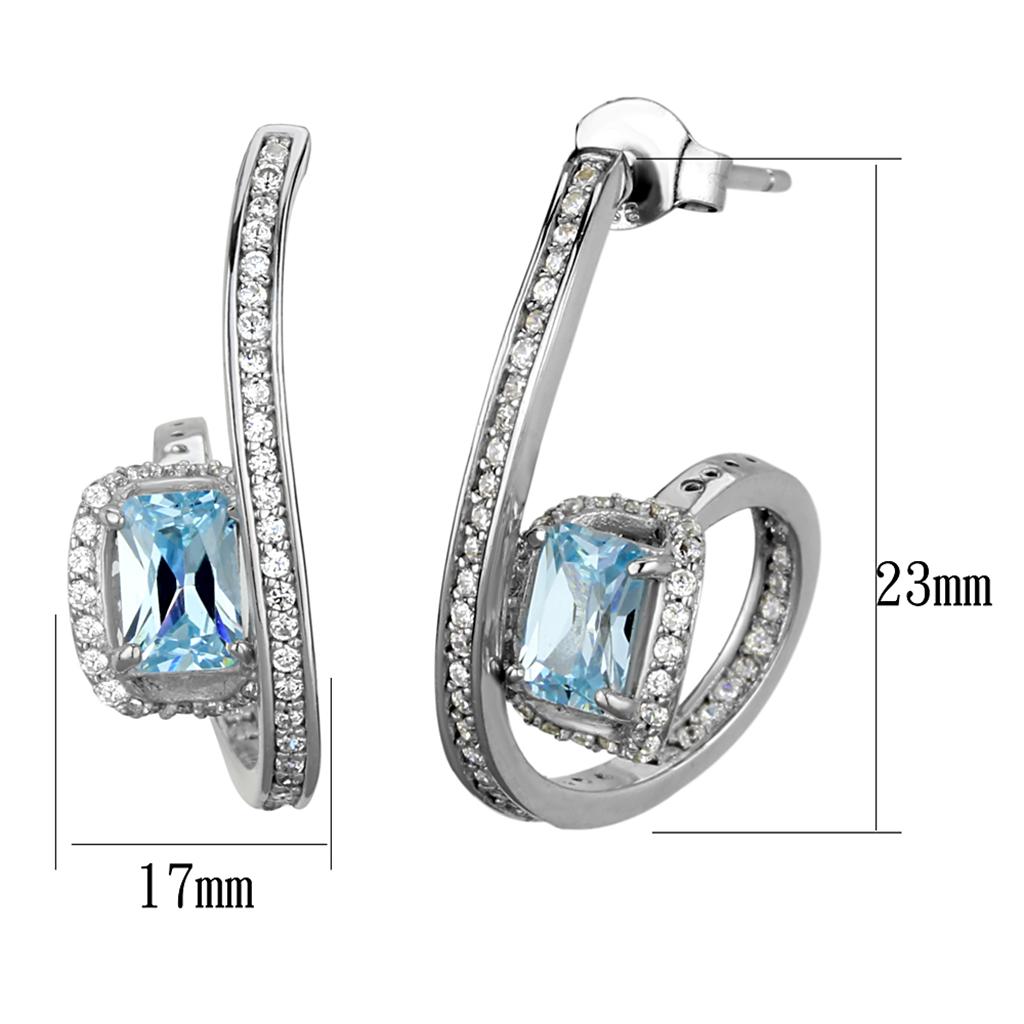 MATS442 - Rhodium 925 Sterling Silver Earrings with AAA Grade CZ in Sea Blue