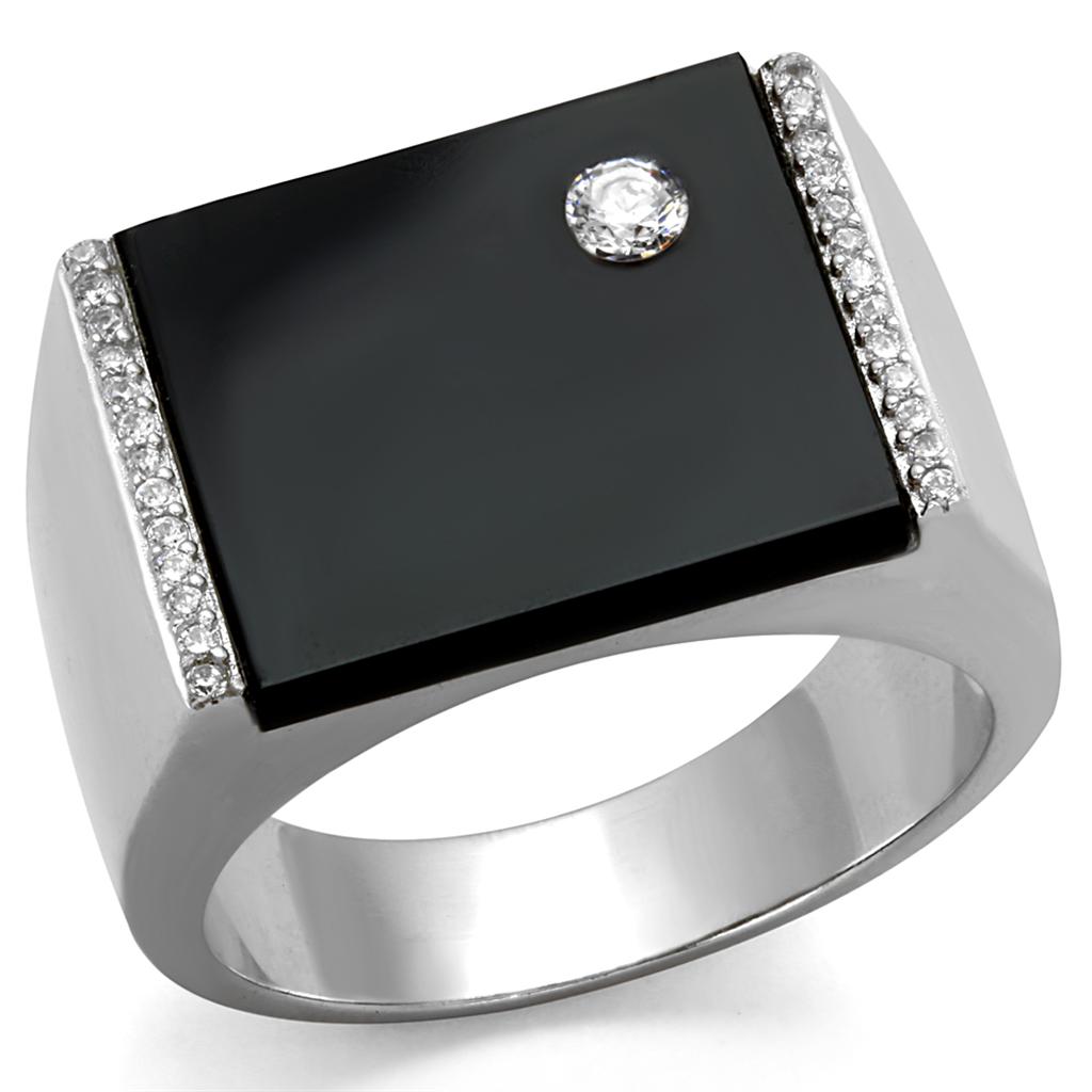 MATS459 - Rhodium 925 Sterling Silver Ring with Synthetic Onyx in Jet