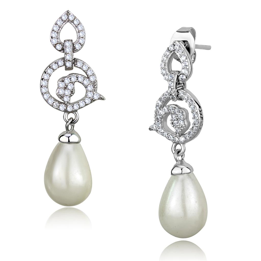 MATS480 - Rhodium 925 Sterling Silver Earrings with Synthetic Pearl in Citrine Yellow