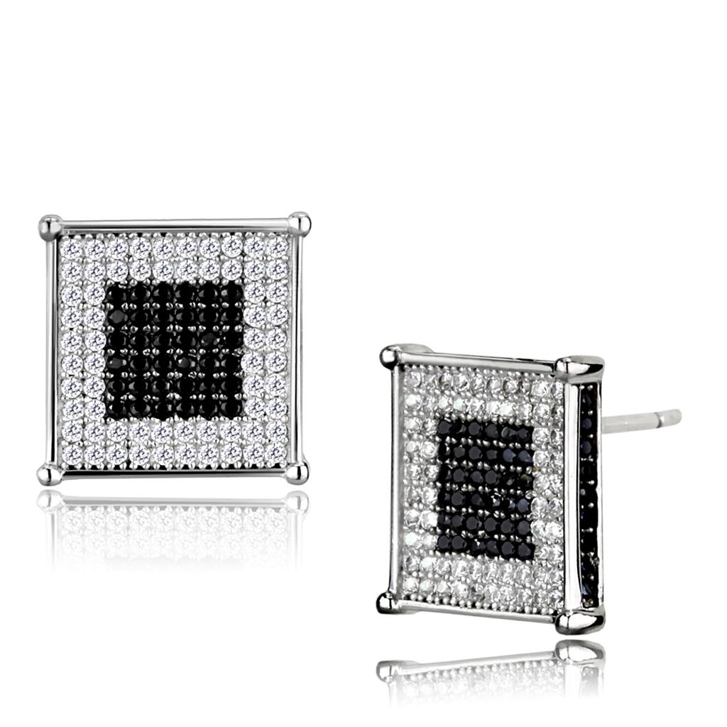 MATS481 - Rhodium + Ruthenium 925 Sterling Silver Earrings with AAA Grade CZ in Black Diamond
