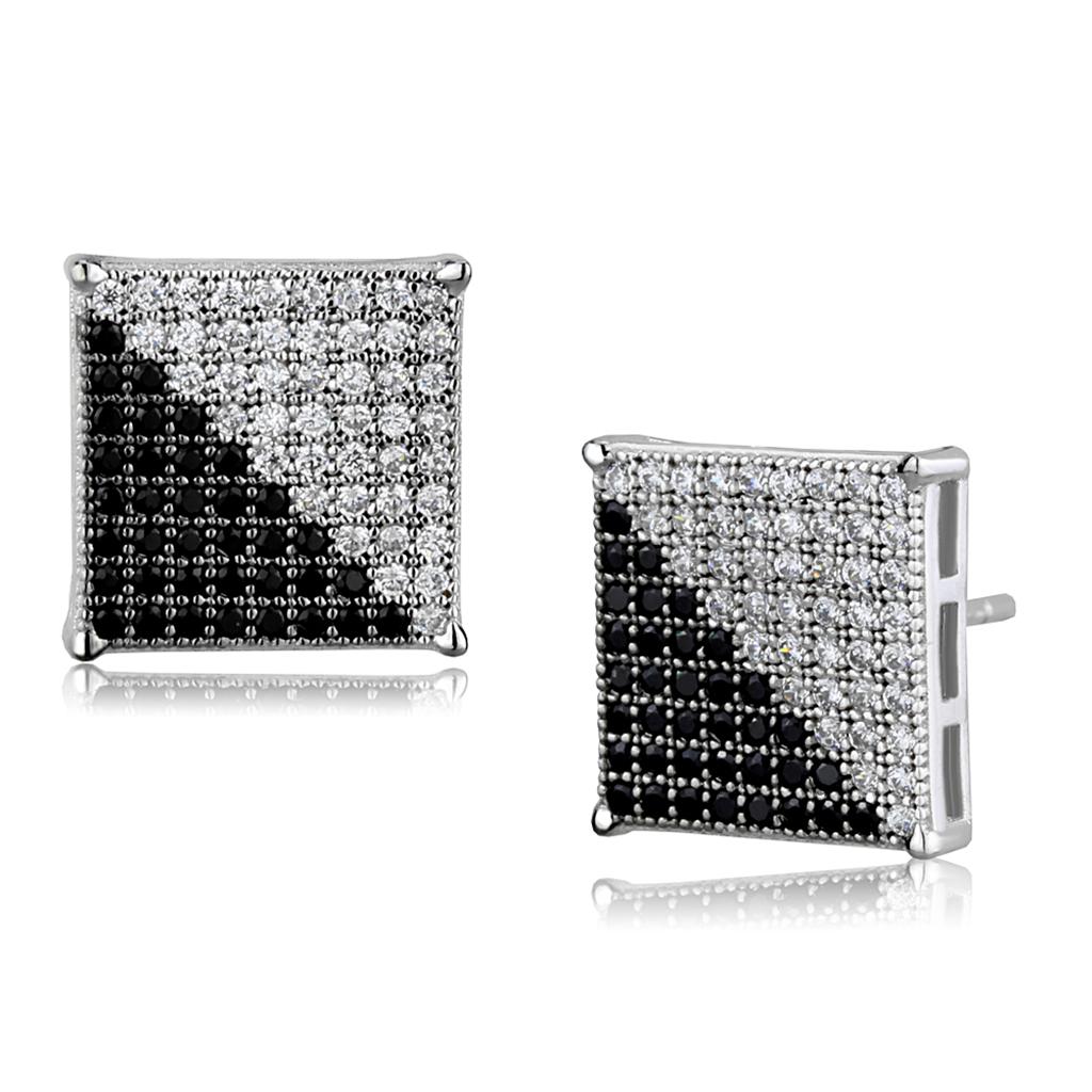 MATS482 - Rhodium + Ruthenium 925 Sterling Silver Earrings with AAA Grade CZ in Black Diamond