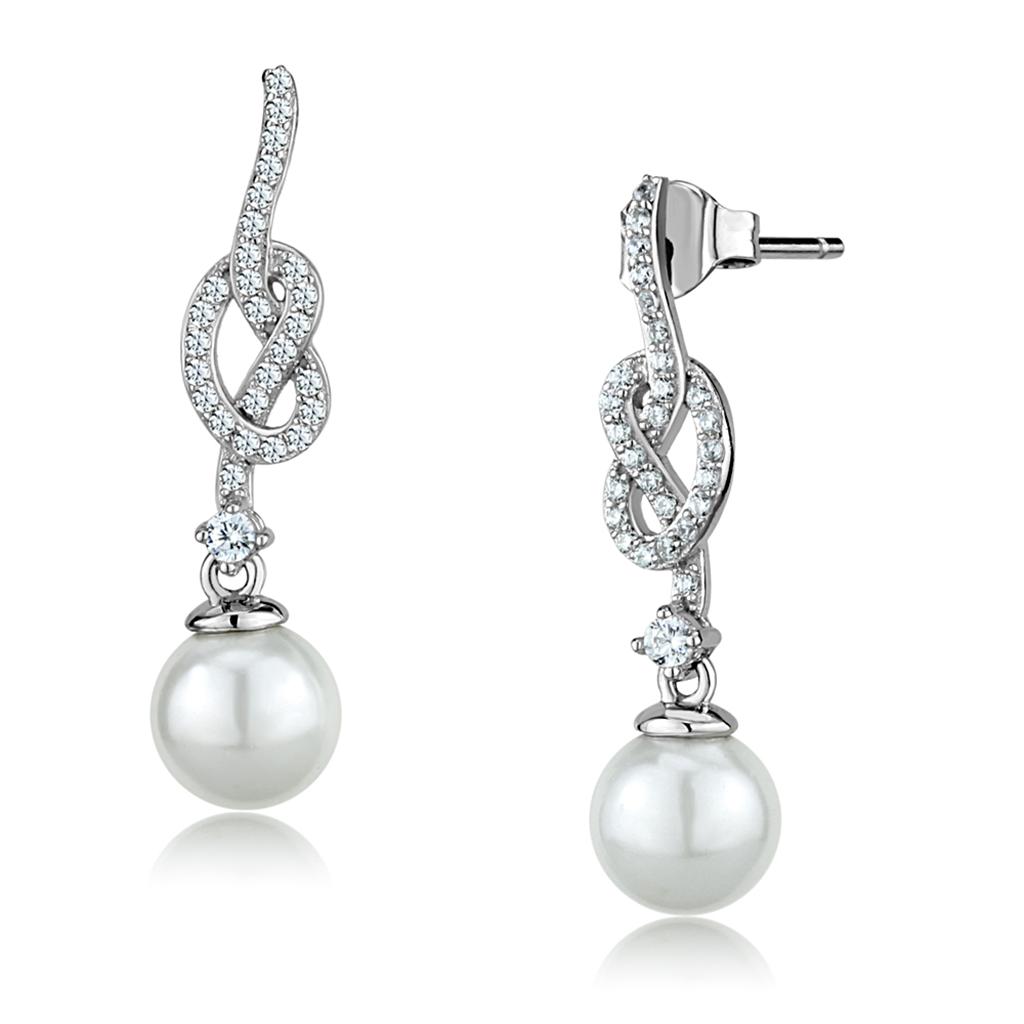 MATS506 - Rhodium 925 Sterling Silver Earrings with Synthetic Glass Bead in White