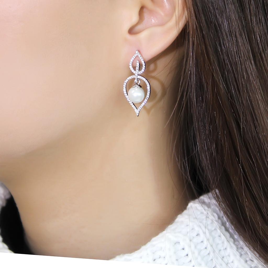 MATS510 - Rhodium 925 Sterling Silver Earrings with Semi-Precious Glass Bead in White