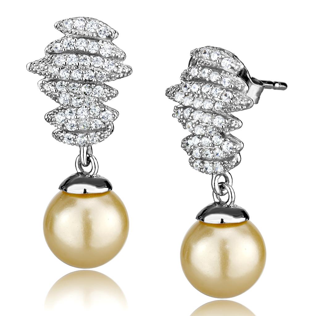 MATS531 - Rhodium 925 Sterling Silver Earrings with Synthetic Pearl in Topaz