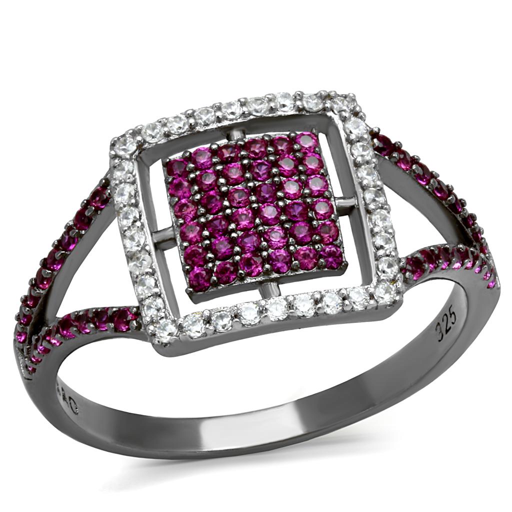 MATS533 - Rhodium + Ruthenium 925 Sterling Silver Ring with AAA Grade CZ in Ruby