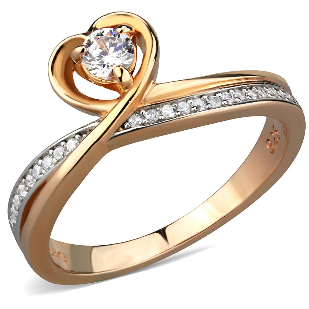 MATS544 - Rose Gold + Rhodium 925 Sterling Silver Ring with AAA Grade CZ in Clear