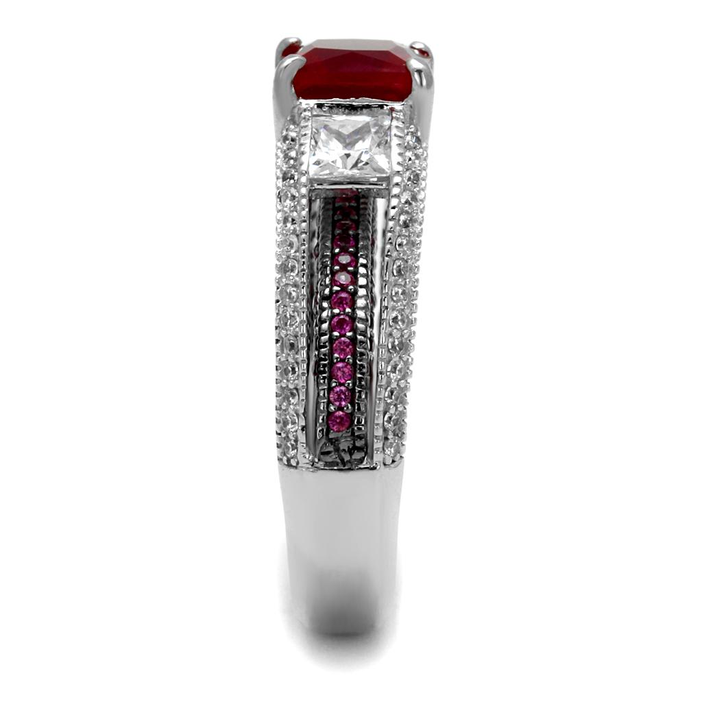 MATS545 - Rhodium + Ruthenium 925 Sterling Silver Ring with AAA Grade CZ in Ruby